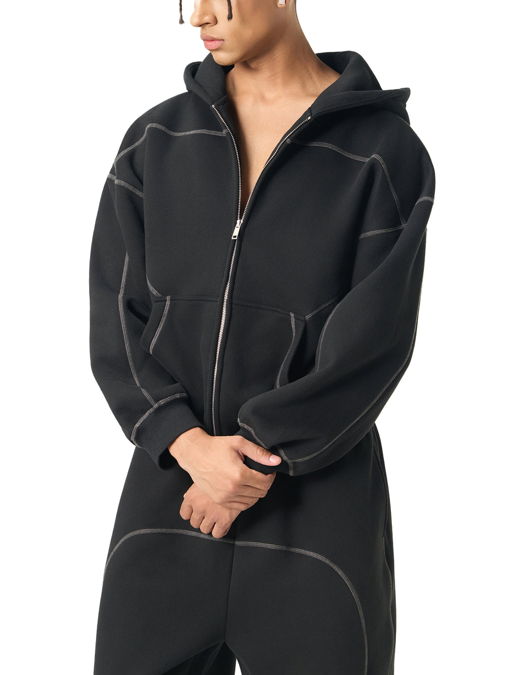 Contrast-Stitched Fleece Zip Hoodie